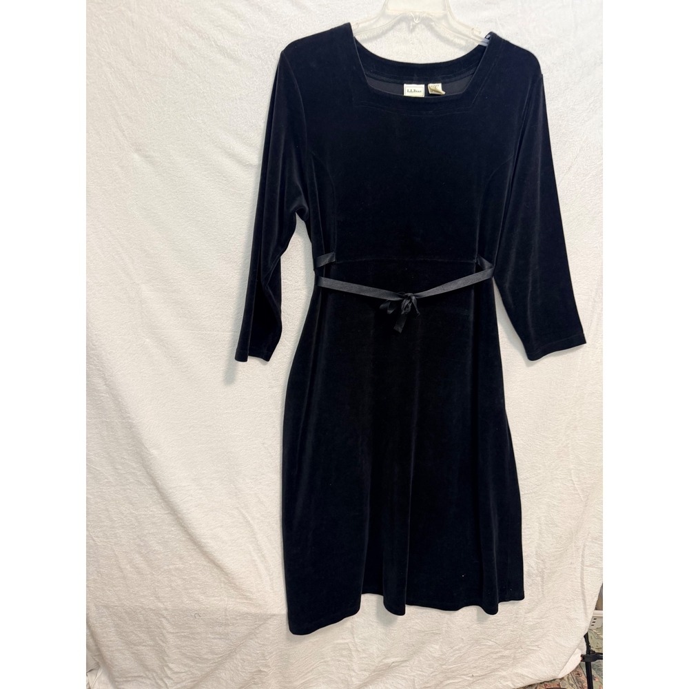 LL Bean Womens XL Petite Black Velvet Square Neck Empire Waist Midi Dress 0KA08